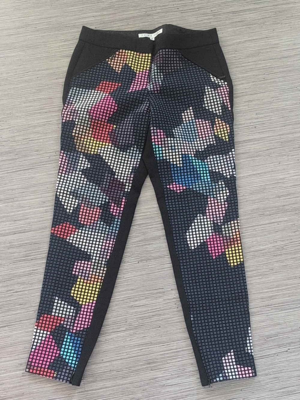 Trina Turk Black Ankle Pants with Multicolor Pixel Floral Print